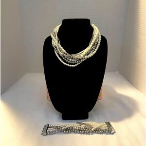 White House Black Market 7 Strand Silvertone/Pearl Necklace and Bracelet